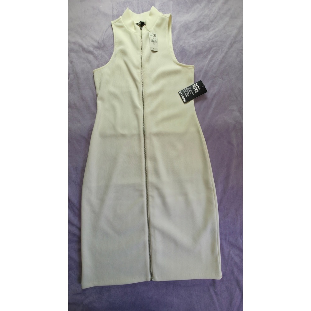 Express Zip Front Sheath Dress Womens S Ivory NEW Ribbed Mock Neck Sleeveless‎